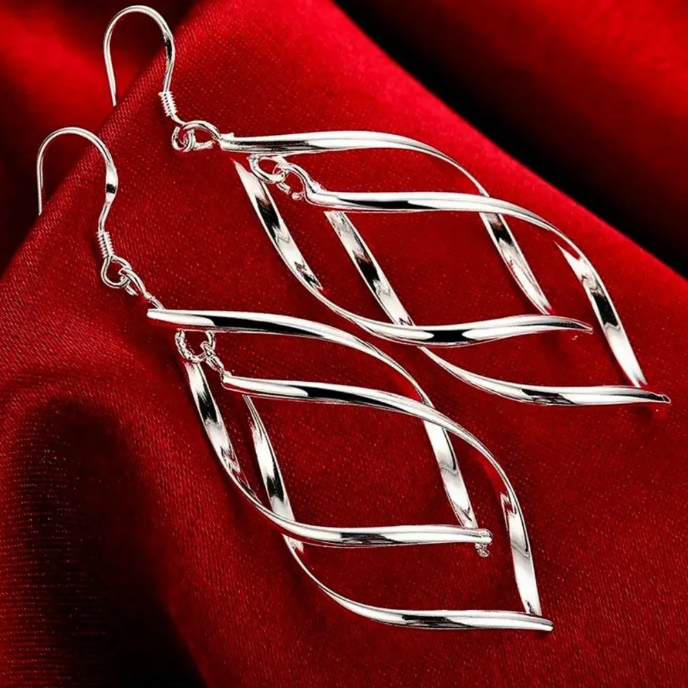 Gorgeous Wavy Drop Earrings Solid Sterling Silver " Hypoallergenic " - Picture 2 of 7
